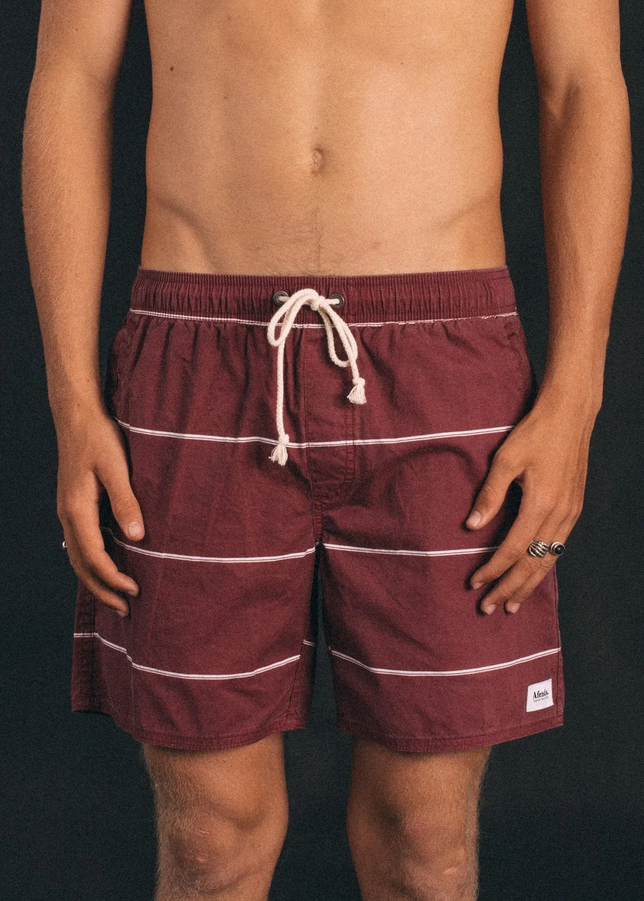 Afends Mens Baywatch Oxblood Stripe - Elastic Waist Boardshort