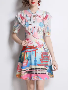 Bowknot Collar Short Sleeves Chinese Old Building Printed Waisted Boho Dress