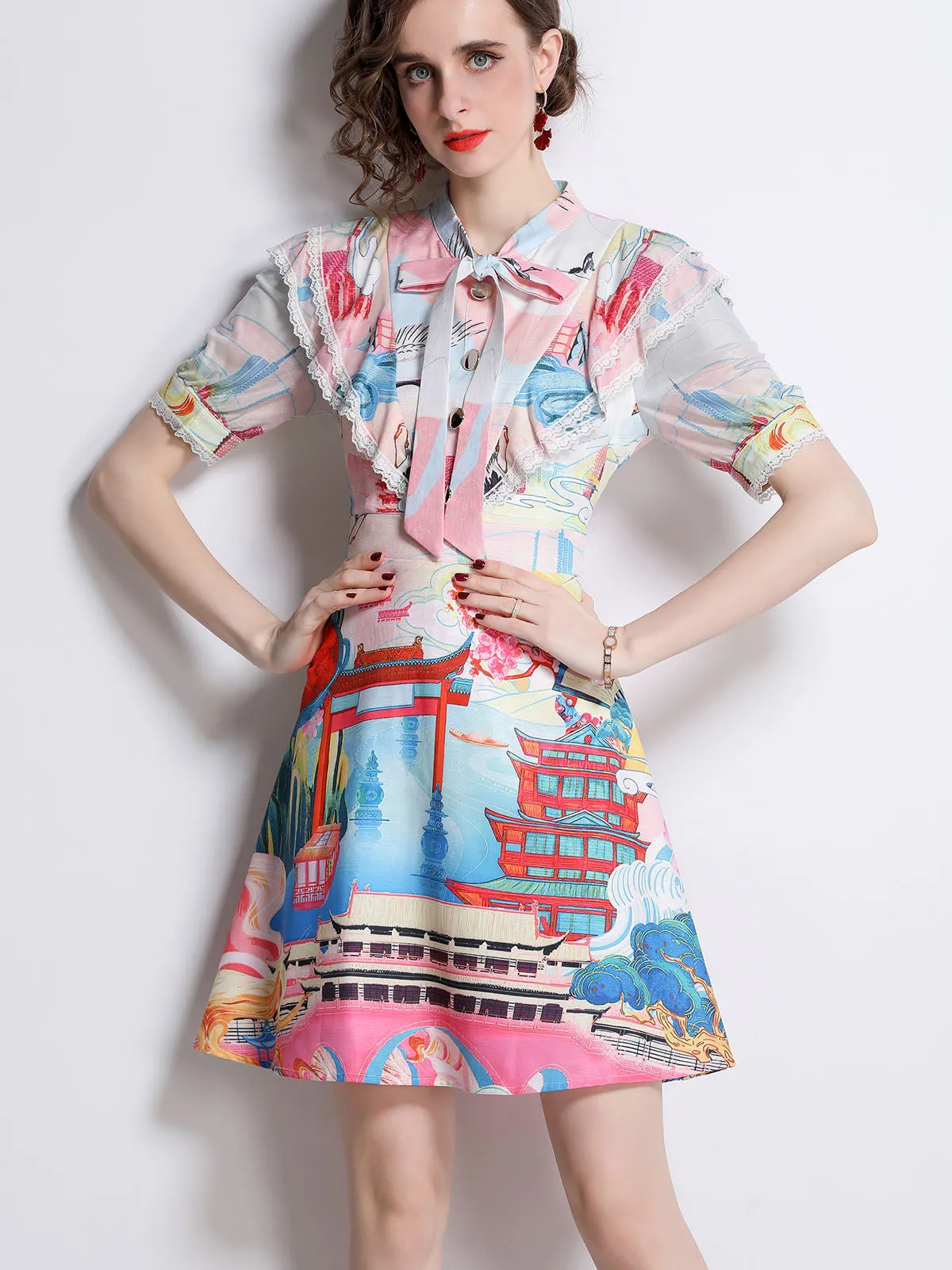 Bowknot Collar Short Sleeves Chinese Old Building Printed Waisted Boho Dress