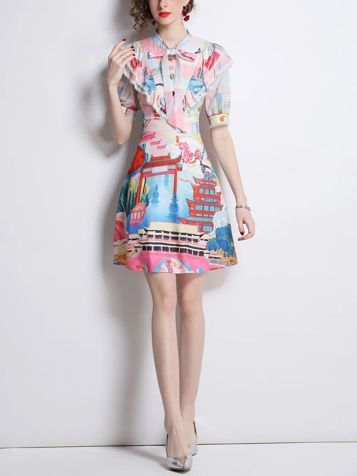 Bowknot Collar Short Sleeves Chinese Old Building Printed Waisted Boho Dress