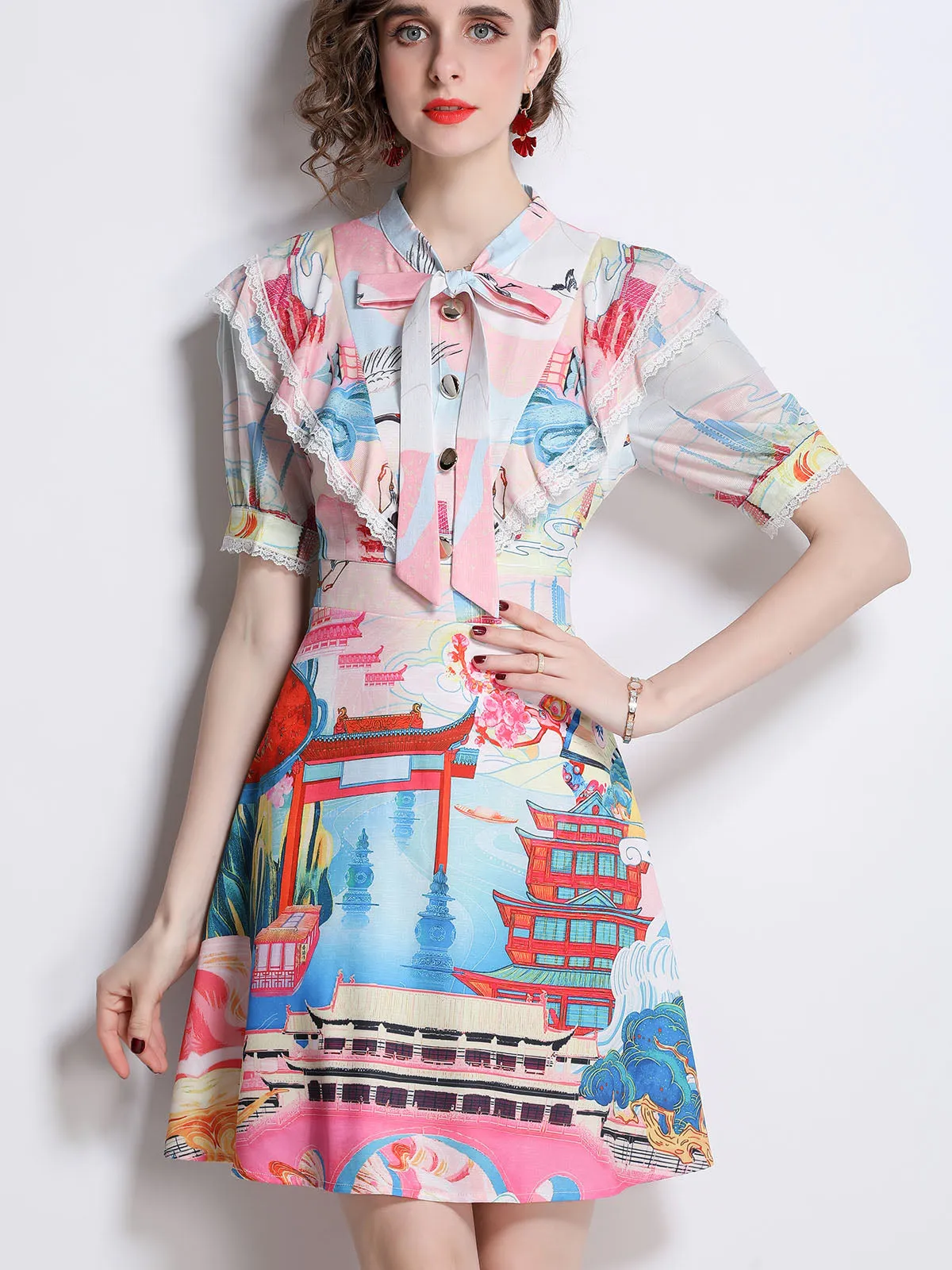 Bowknot Collar Short Sleeves Chinese Old Building Printed Waisted Boho Dress