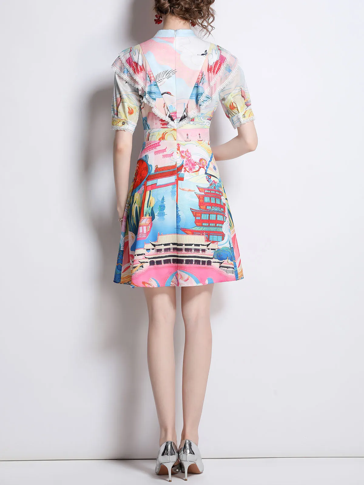 Bowknot Collar Short Sleeves Chinese Old Building Printed Waisted Boho Dress