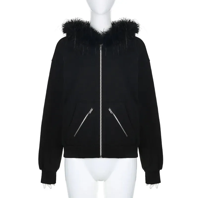 Casual Black Splice Hoodie Up Zip Sleeve Feather Loose Long Jacket