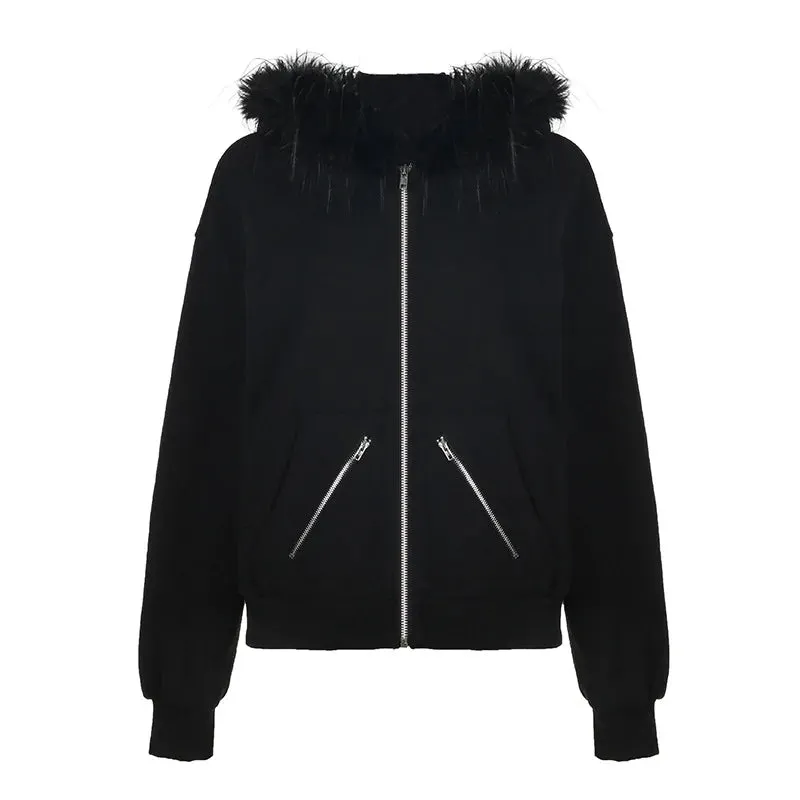 Casual Black Splice Hoodie Up Zip Sleeve Feather Loose Long Jacket