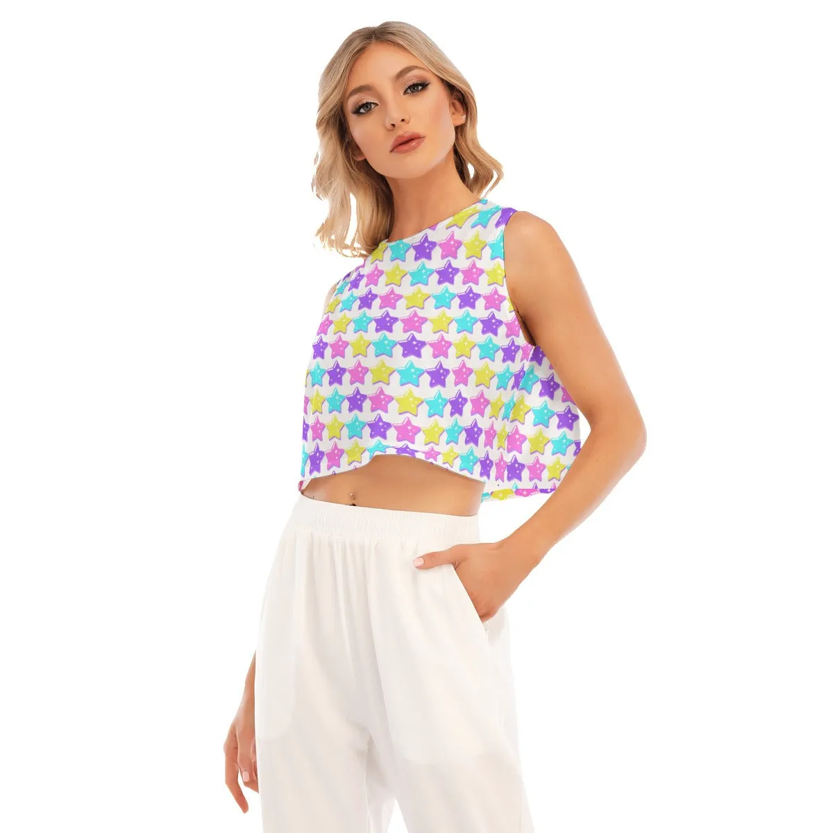 Electric Star Wave White Sleeveless Relaxed Fit Crop Top