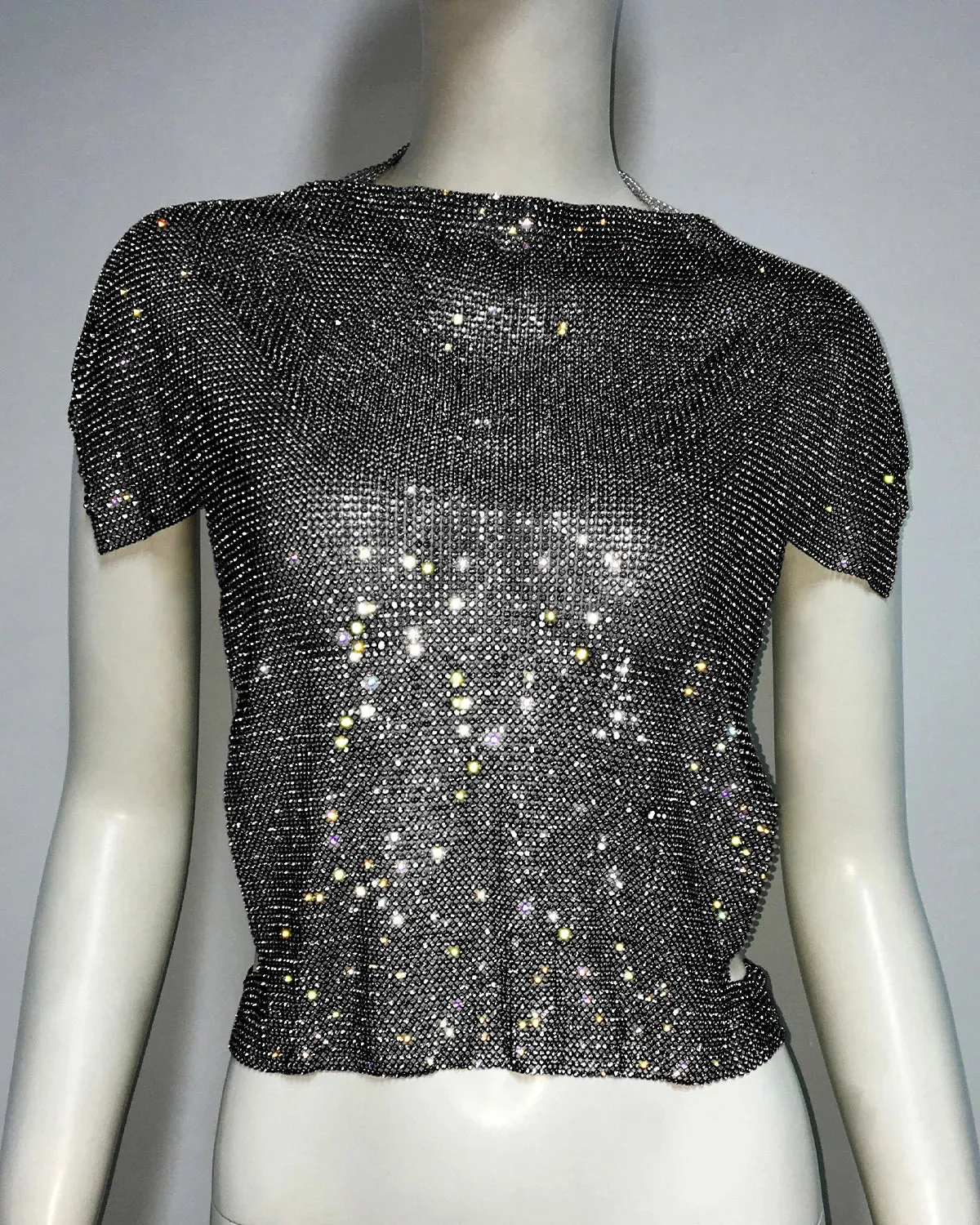 Fashion Crop Sexy Through Party Short New Summer Shiny See Woman Rhinestone Top