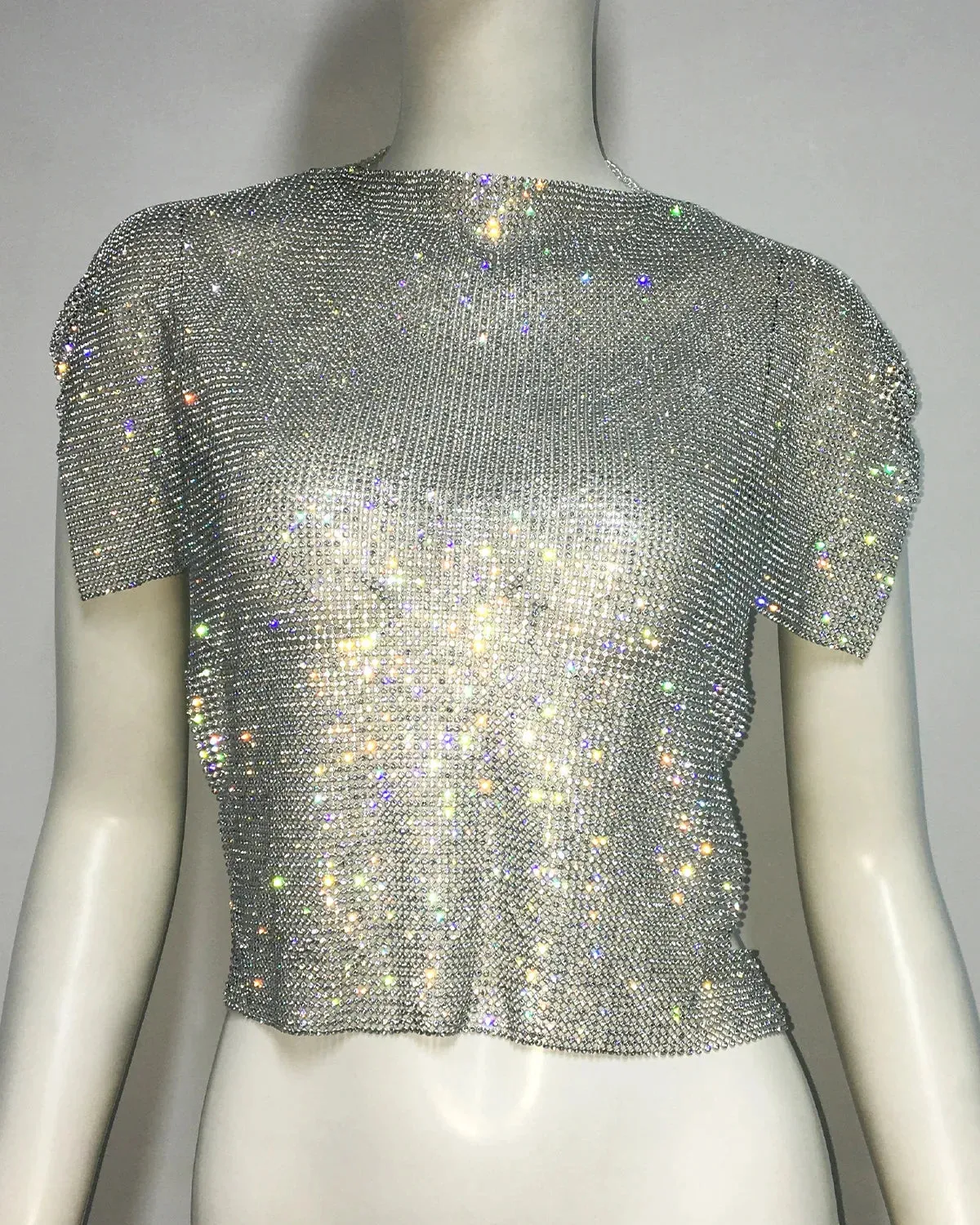 Fashion Crop Sexy Through Party Short New Summer Shiny See Woman Rhinestone Top