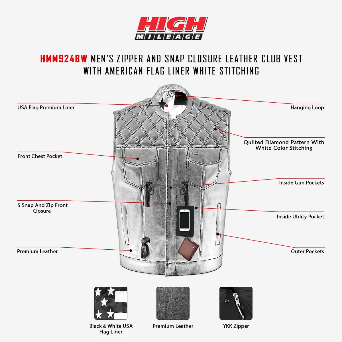 High Mileage HMM924BW Men's Zipper and Snap Closure Leather Club Vest with American Flag Liner White Stitching