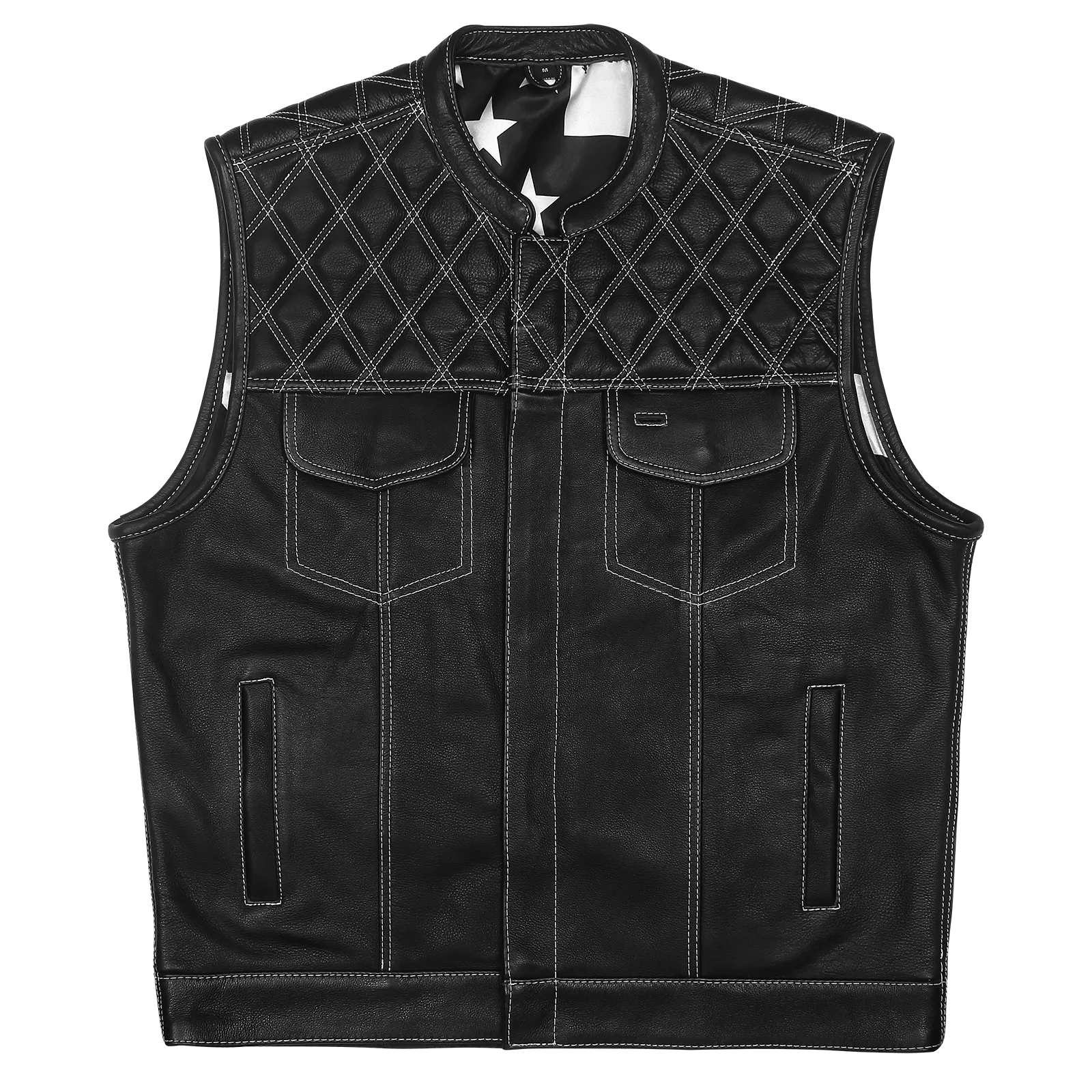 High Mileage HMM924BW Men's Zipper and Snap Closure Leather Club Vest with American Flag Liner White Stitching