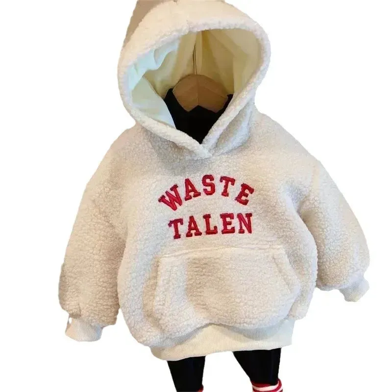 Hooded Sweatshirt for Girls Winter Clothing Plus Velvet and Thick Polar Fleece Fashionable Letter Print Tops Outer Wear Casual