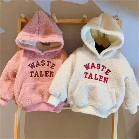 Hooded Sweatshirt for Girls Winter Clothing Plus Velvet and Thick Polar Fleece Fashionable Letter Print Tops Outer Wear Casual