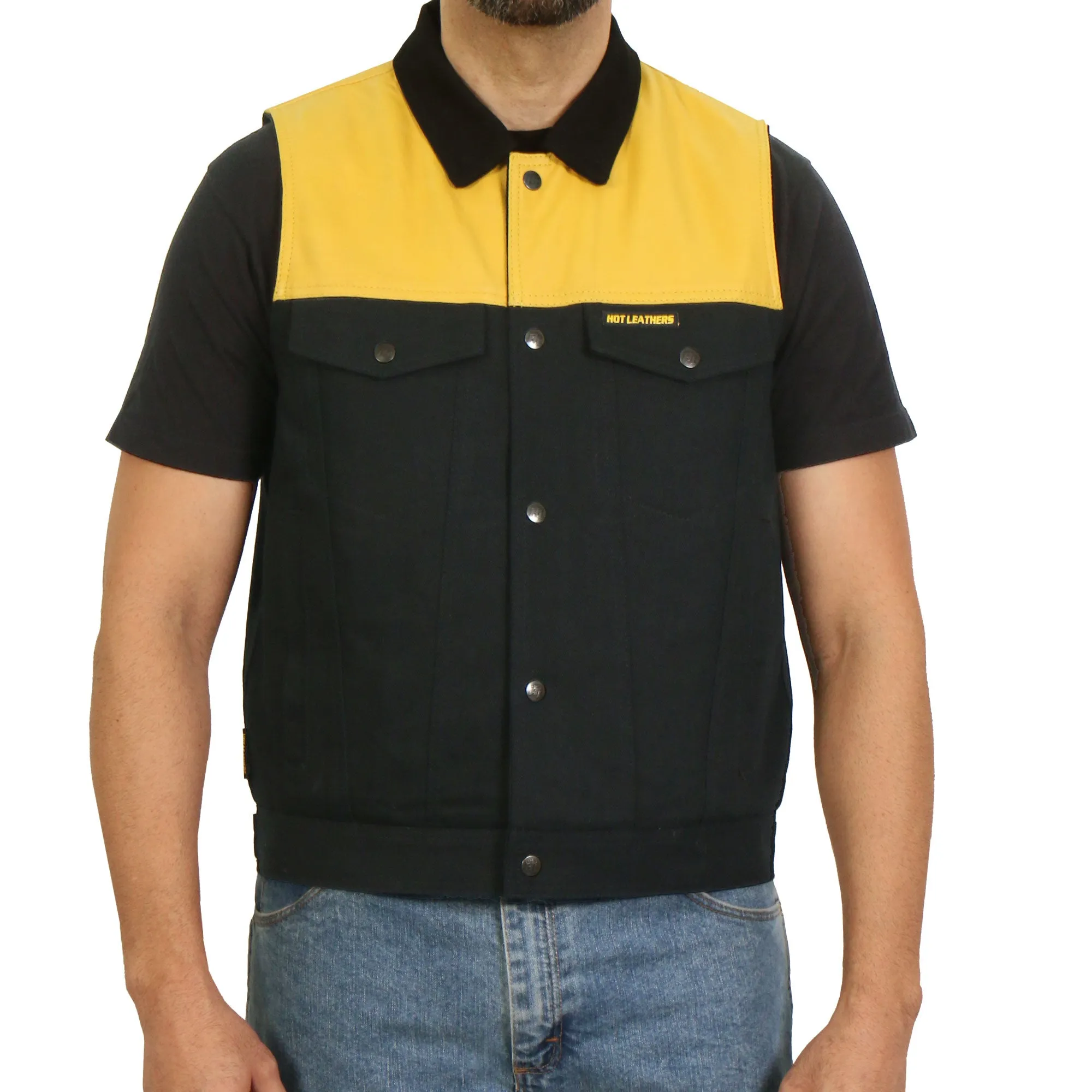 Hot Leathers Men’s Black and Yellow Denim Conceal Carry Vest VSM6104