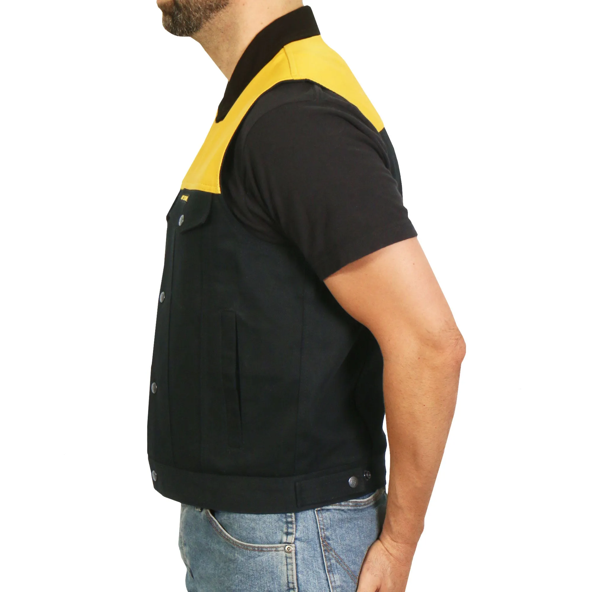 Hot Leathers Men’s Black and Yellow Denim Conceal Carry Vest VSM6104