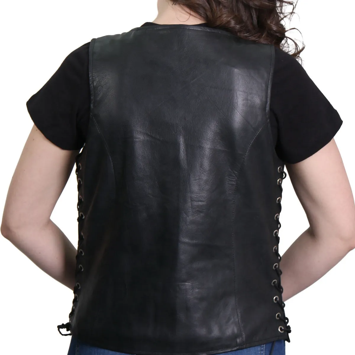 Hot Leathers VSL1013 Ladies Black Leather Side Lace Zip-Up Vest