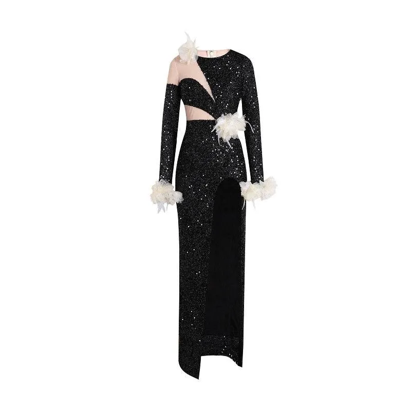 Karen Long Sleeve Backless Sequins Maxi Dress