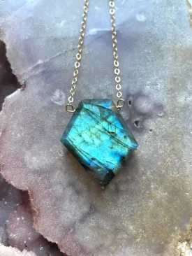 Large Labradorite shield necklace on Gold Fill