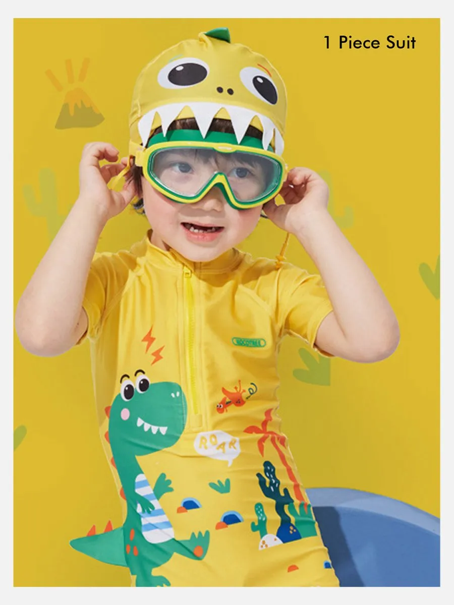 Little Surprise Box 3d Tail Yellow Volcano Dino Print Swimwear for Kids & Toddlers with UPF 50 