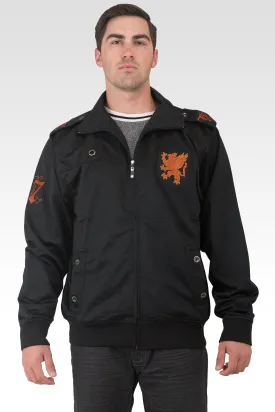 Men's Black Poly Performance Full Zip Track Jacket With Cinnamon Embroidery Patches & Epaulets