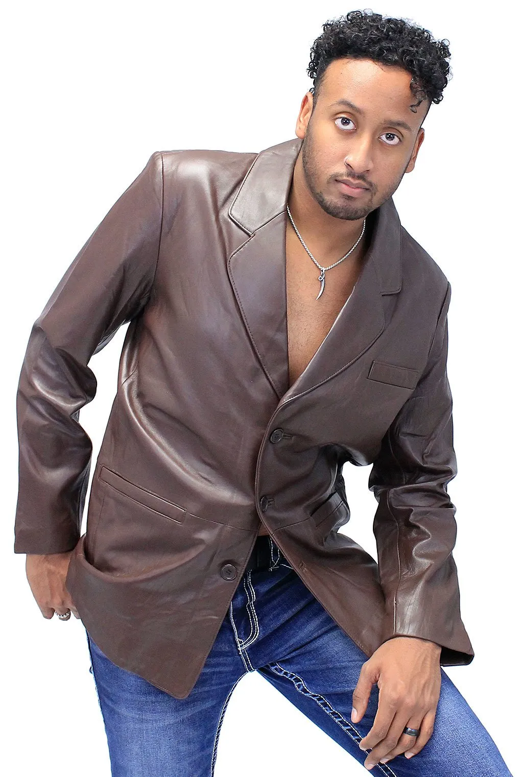 Men's Chocolate Brown Button Lambskin Leather Blazer #M1181N