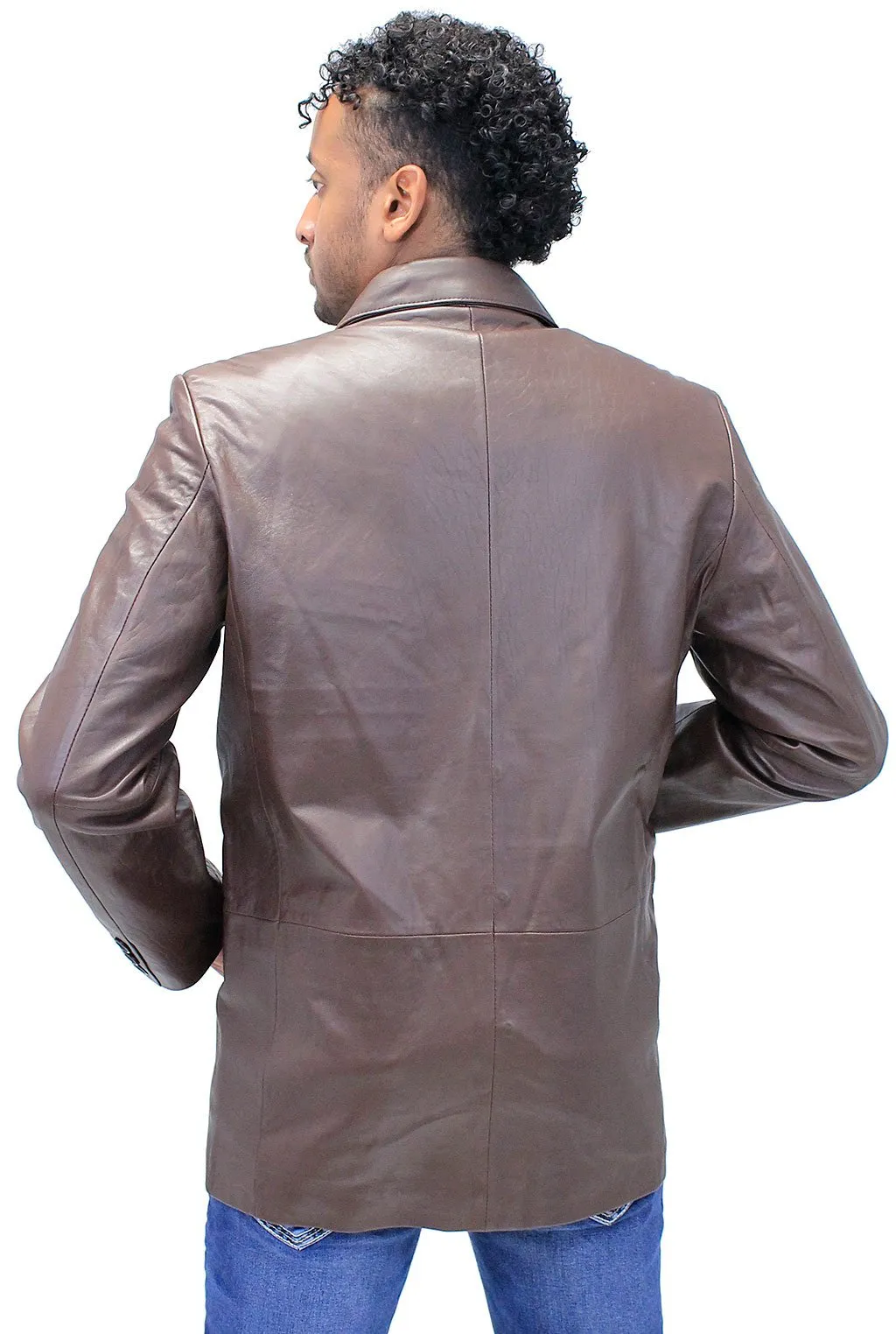 Men's Chocolate Brown Button Lambskin Leather Blazer #M1181N