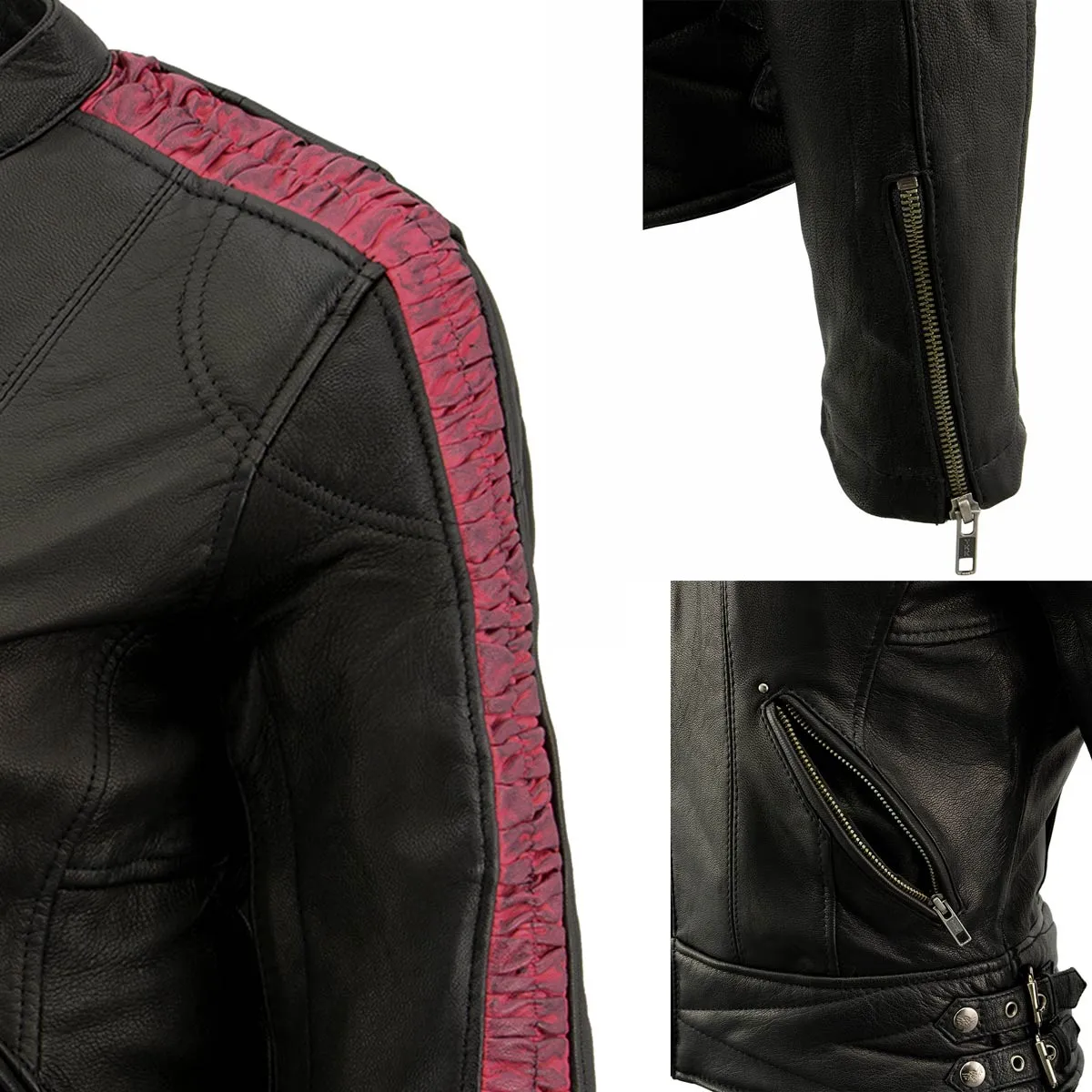 Milwaukee Leather MLL2571 Womens Black and Pink 'Crinkled Arm' Lightweight Racer Jacket