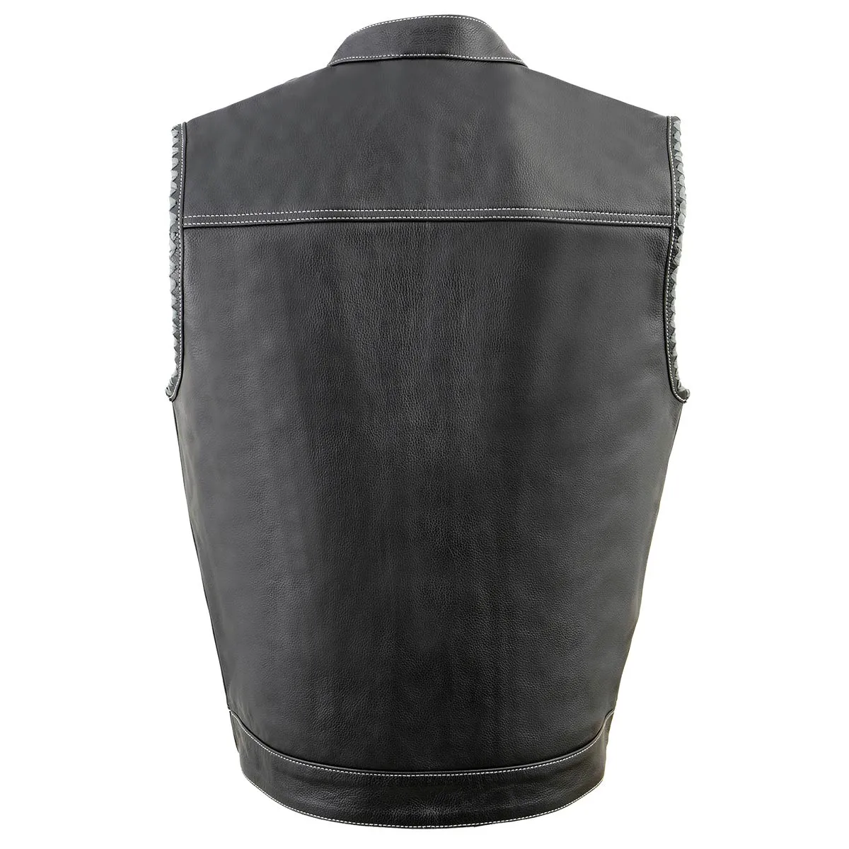 Milwaukee Leather MLM3507 Men's Black Naked Leather Vest - Old Glory Laced Armholes Grey Stitching Club Style Vest