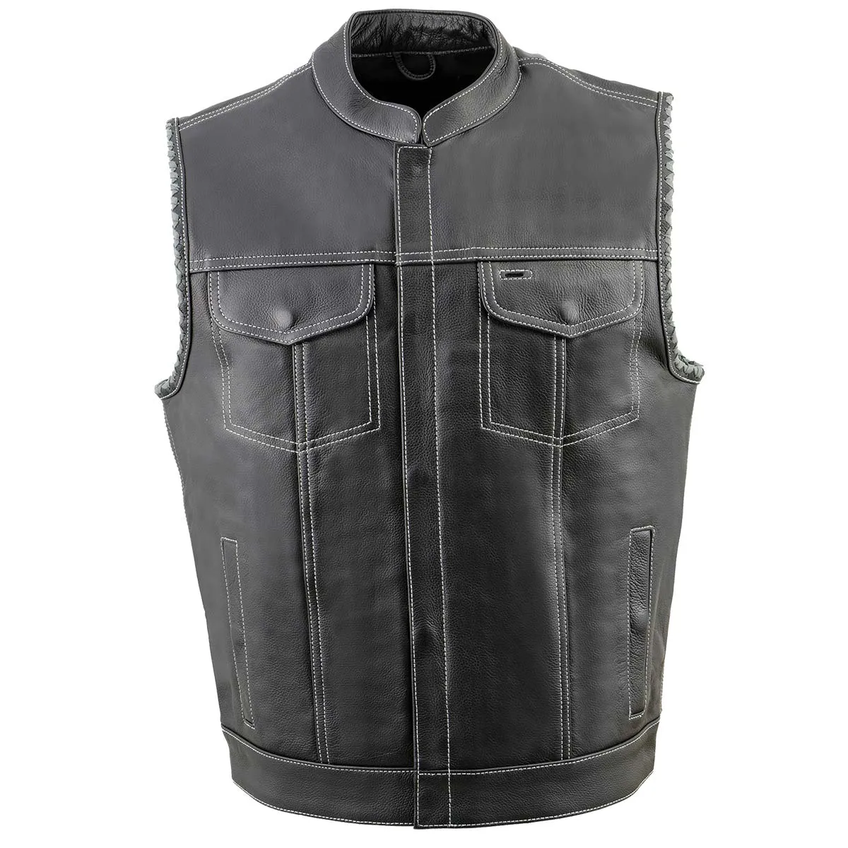 Milwaukee Leather MLM3507 Men's Black Naked Leather Vest - Old Glory Laced Armholes Grey Stitching Club Style Vest