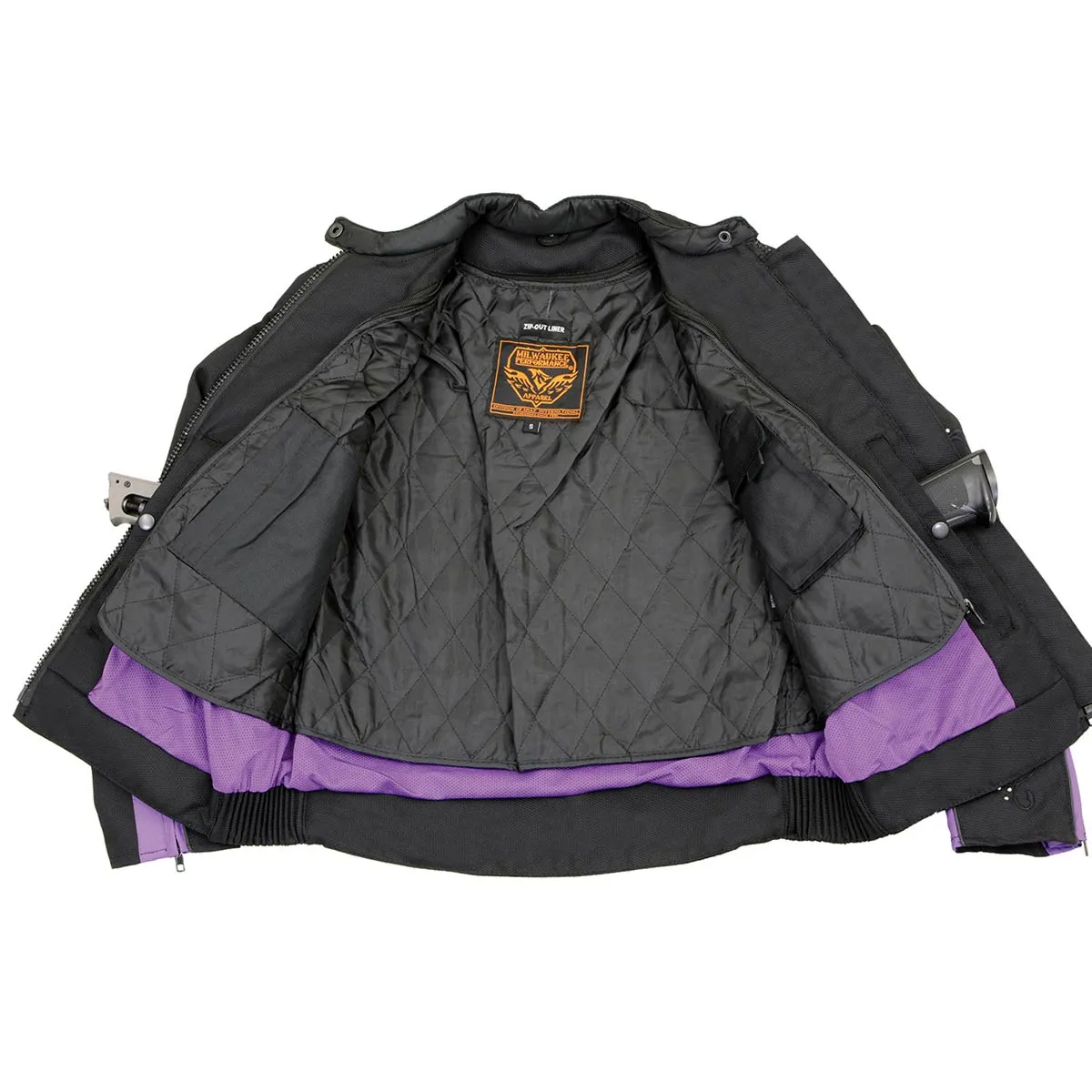 Milwaukee Leather SH1954 Women's Black and Purple Textile Jacket with Stud and Wings Detailing