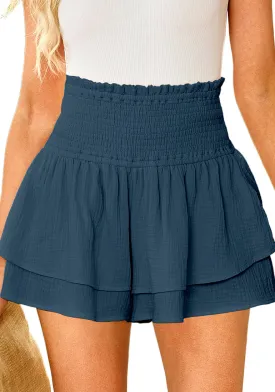 Navy Blue Women's Elastic Summer Waist High Waisted Ruffle Beach Shorts