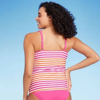 New - Lands' End Women's UPF 50 Twist-Front Underwire Tankini Top - Pink/Orange 16