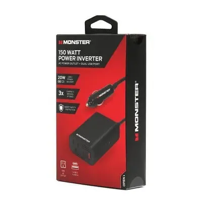 New - Monster 150Watt Power Inverter with Dual Port USB 20W USB-C, QC 3.0 USB-A