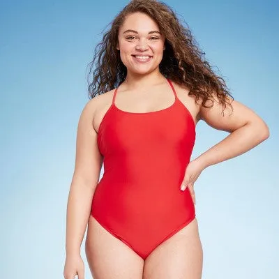 New - Shade & Shore Women's High Leg One Piece Swimsuit Lace Up Swimwear, Red XS