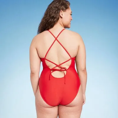 New - Shade & Shore Women's High Leg One Piece Swimsuit Lace Up Swimwear, Red XS