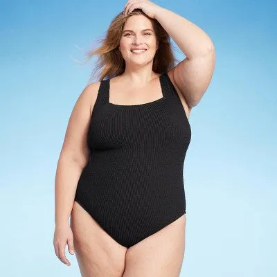 New - Women's Pucker Square Neck One Piece Swimsuit - Kona Sol Black 17