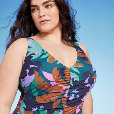 New - Women's Shirred Plunge One Piece Swimsuit - Shade & Shore Multi Floral Print 17