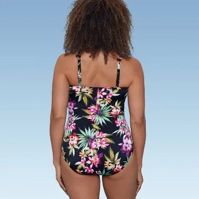 New - Women's UPF 50 V-Neck Ruched One Piece Swimsuit - Shape   Style by Aqua Green Multi Floral Print 6