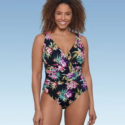 New - Women's UPF 50 V-Neck Ruched One Piece Swimsuit - Shape   Style by Aqua Green Multi Floral Print 6