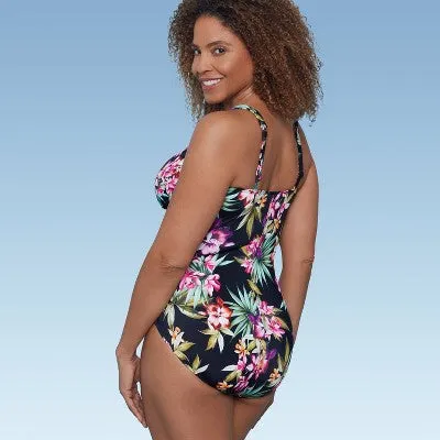 New - Women's UPF 50 V-Neck Ruched One Piece Swimsuit - Shape   Style by Aqua Green Multi Floral Print 6