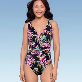 New - Women's UPF 50 V-Neck Ruched One Piece Swimsuit - Shape   Style by Aqua Green Multi Floral Print 6