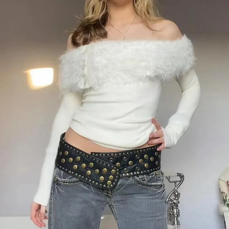 Off Crop Knitted The Girls Fashion Long Splice Shoulders Woman Hot Sleeve Feather Sexy Slim Top