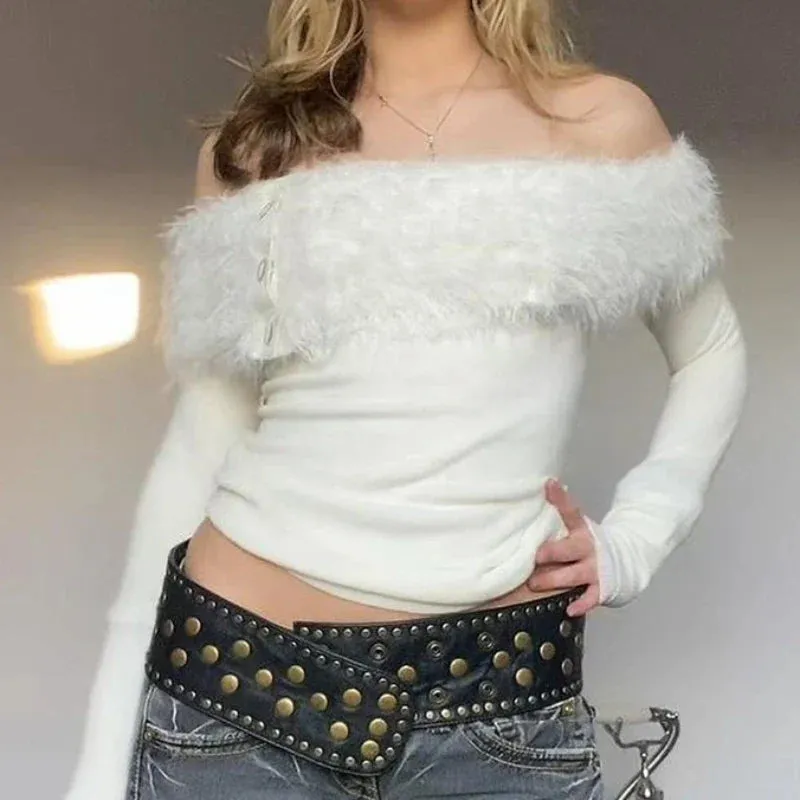 Off Crop Knitted The Girls Fashion Long Splice Shoulders Woman Hot Sleeve Feather Sexy Slim Top