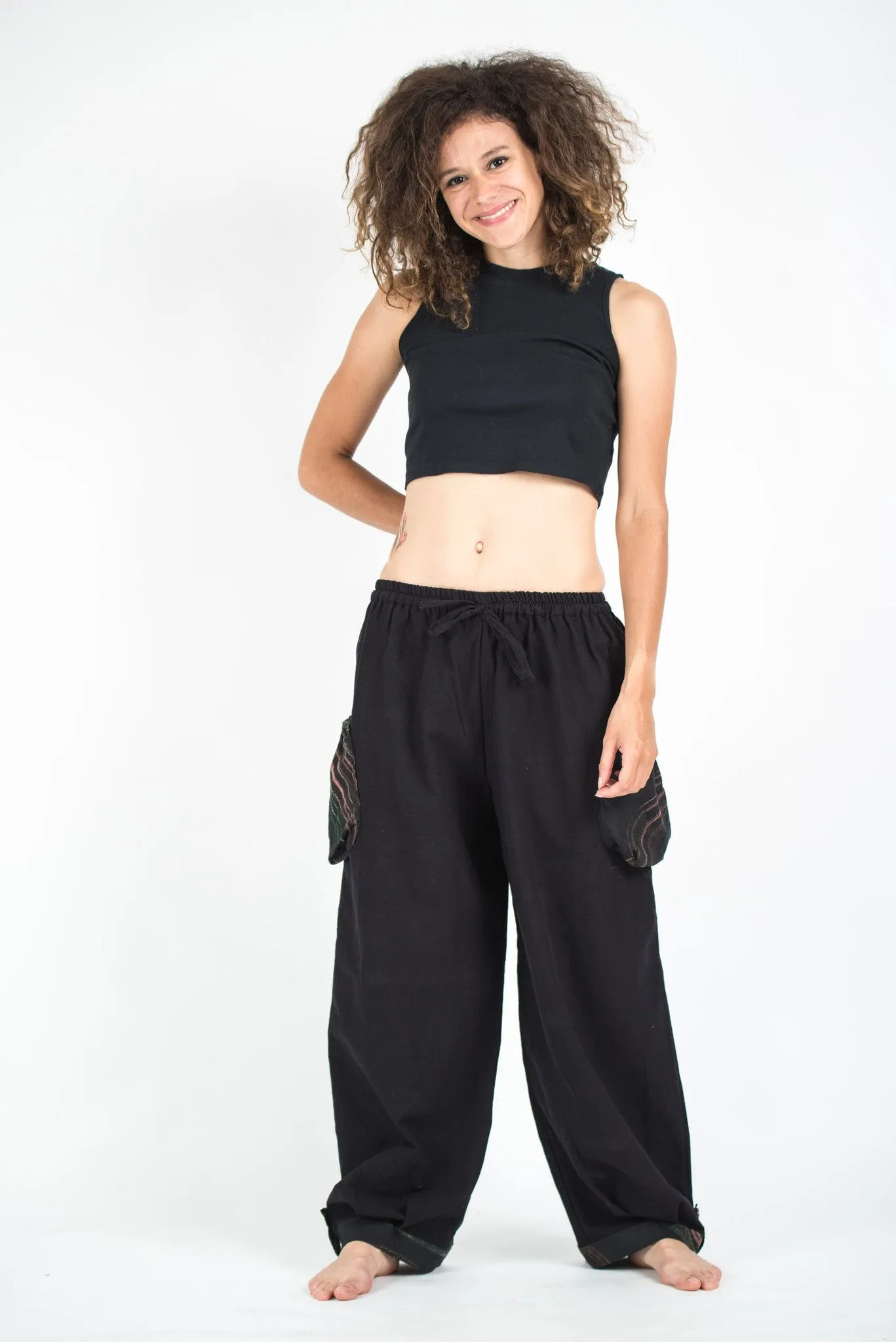 Organic Cotton Thai  Yoga Massage Pants Hill Tribe Trim Black