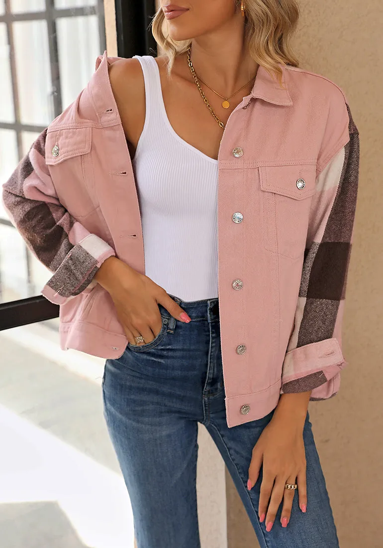 Pink   Pink Plaid Women's Denim Oversized Plaid Shacket Jacket Vintage Shirt Jackets