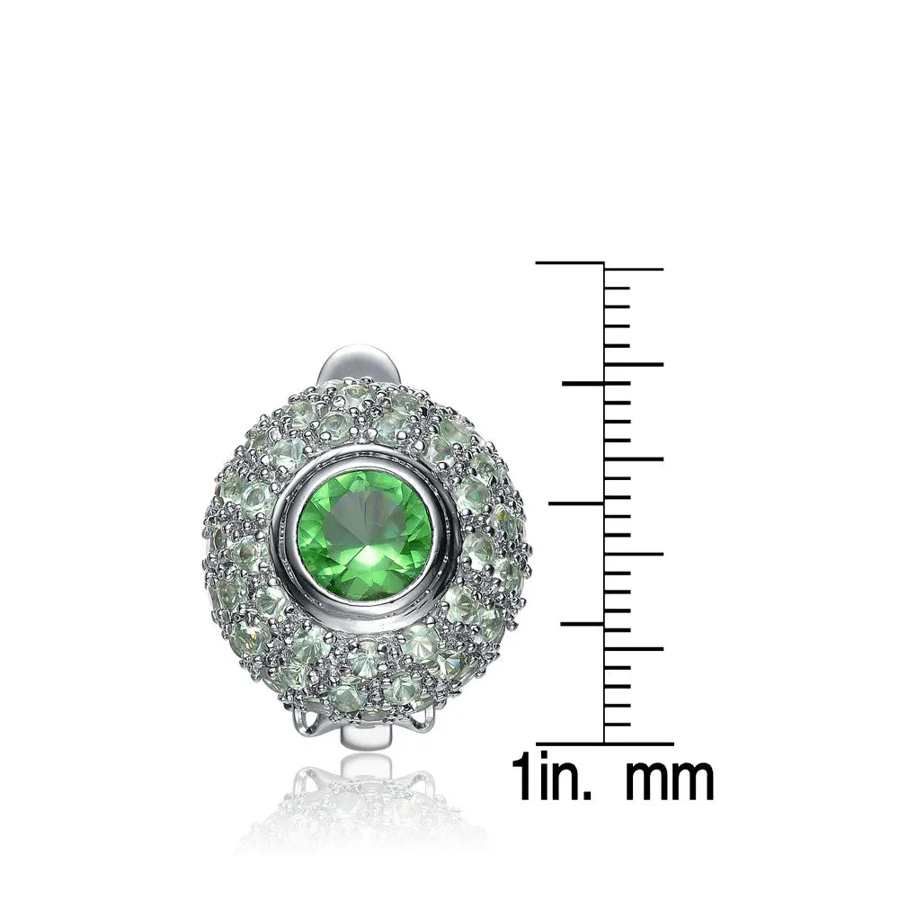 Sterling Silver Green and Clear Cubic Zirconia Button Ring Earrings