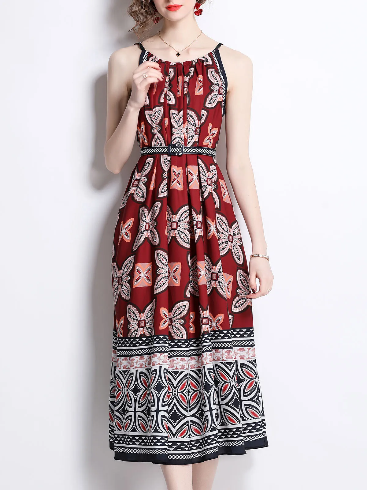 Strap Butterfly Printed Sleeveless Pleated Beach Boho Dress with Belt