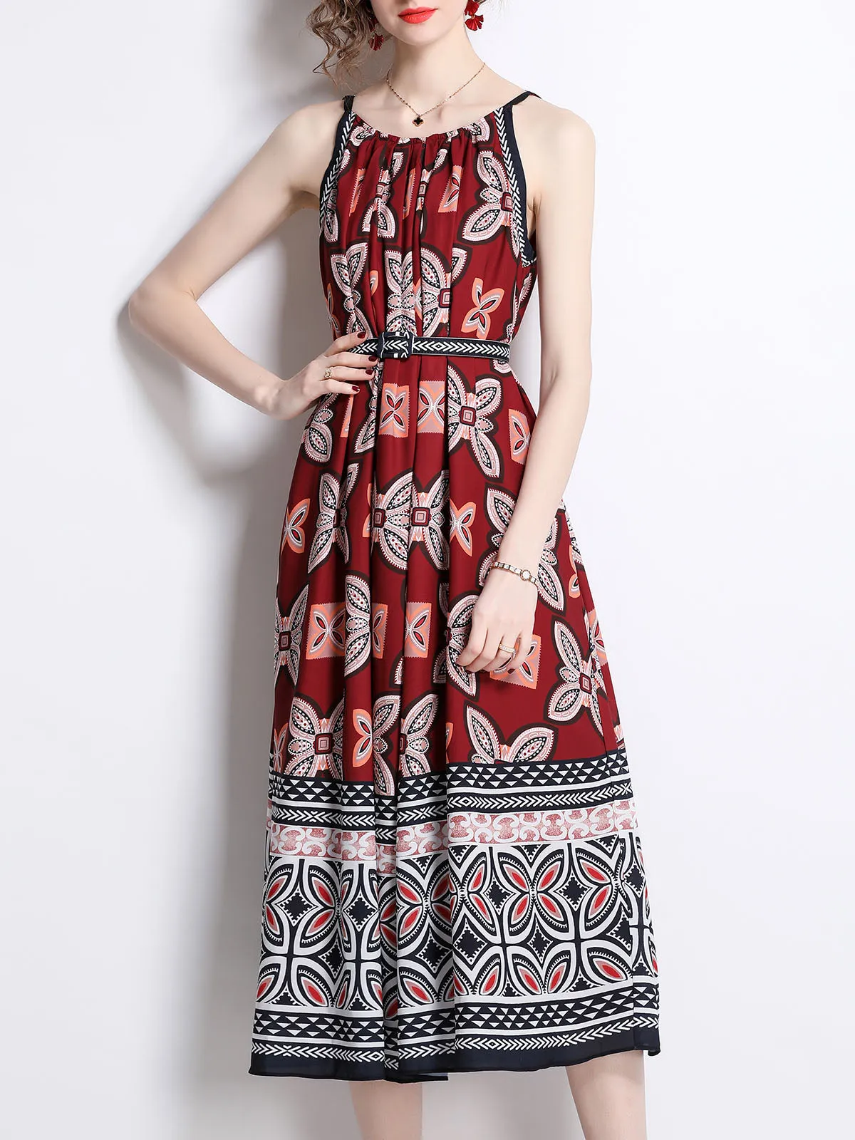 Strap Butterfly Printed Sleeveless Pleated Beach Boho Dress with Belt