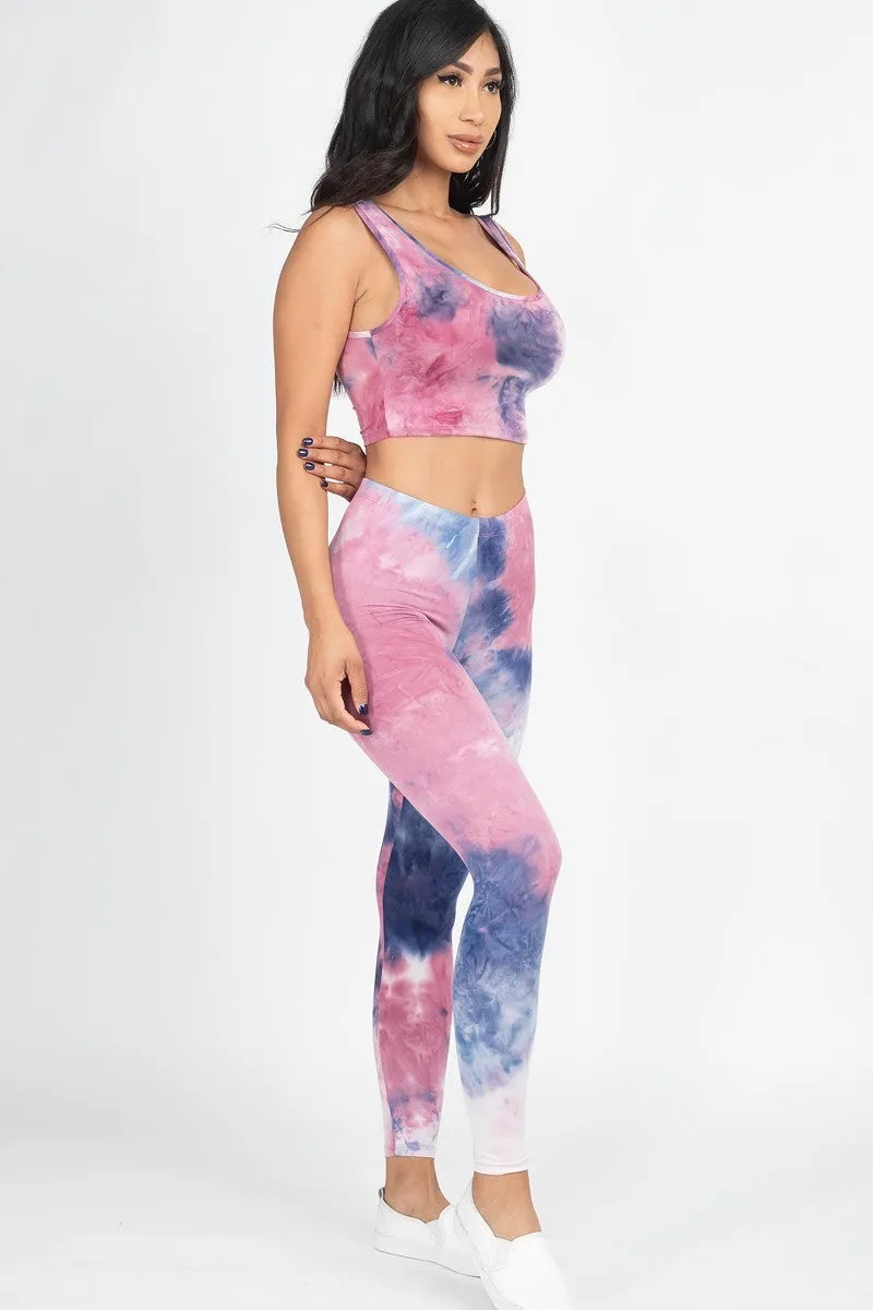 Tie Dye Crop Top And Leggings Yoga Gym Set - Ships from The US