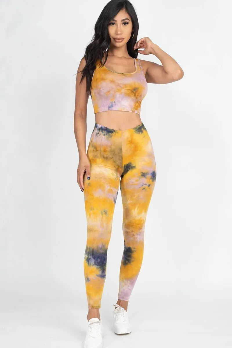 Tie Dye Crop Top And Leggings Yoga Gym Set - Ships from The US