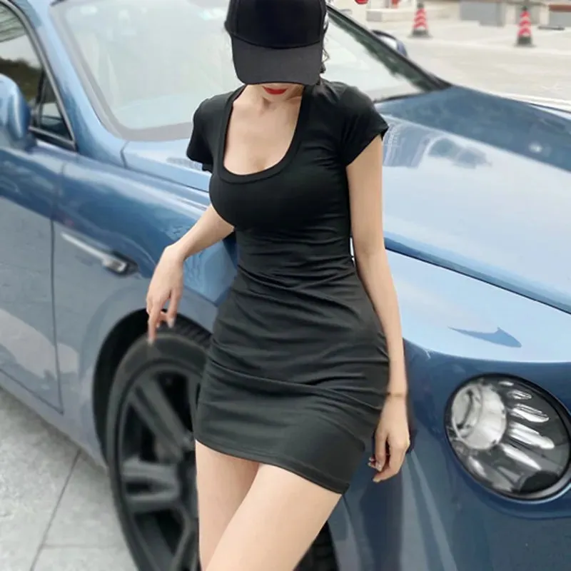 Women's U Neck T-Shirt Dress Slim Sexy Bodycon Dress Casual Short Sleeve Yoga Fitness Dress